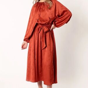 Rust Midi Dress with Tie Waist